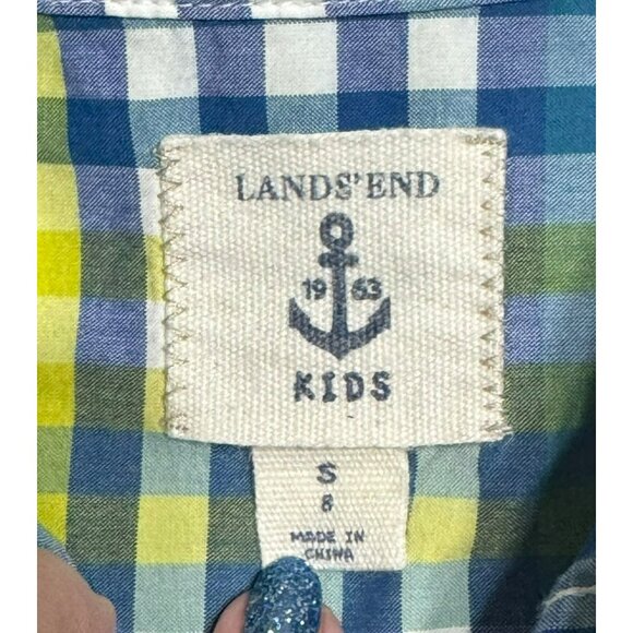 Lands End Kids Small 8 Plaid Long Sleeve Button-Up Shirt S Cotton Blue Yellow - Picture 5 of 7